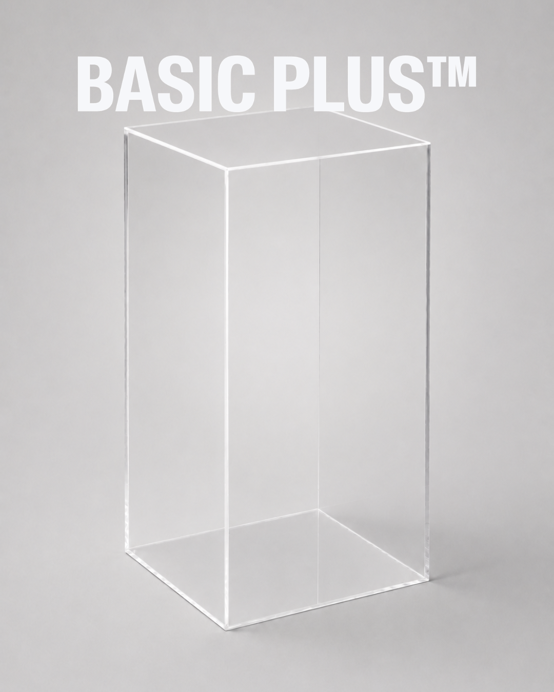 Clear acrylic display plinth front three-quarter view