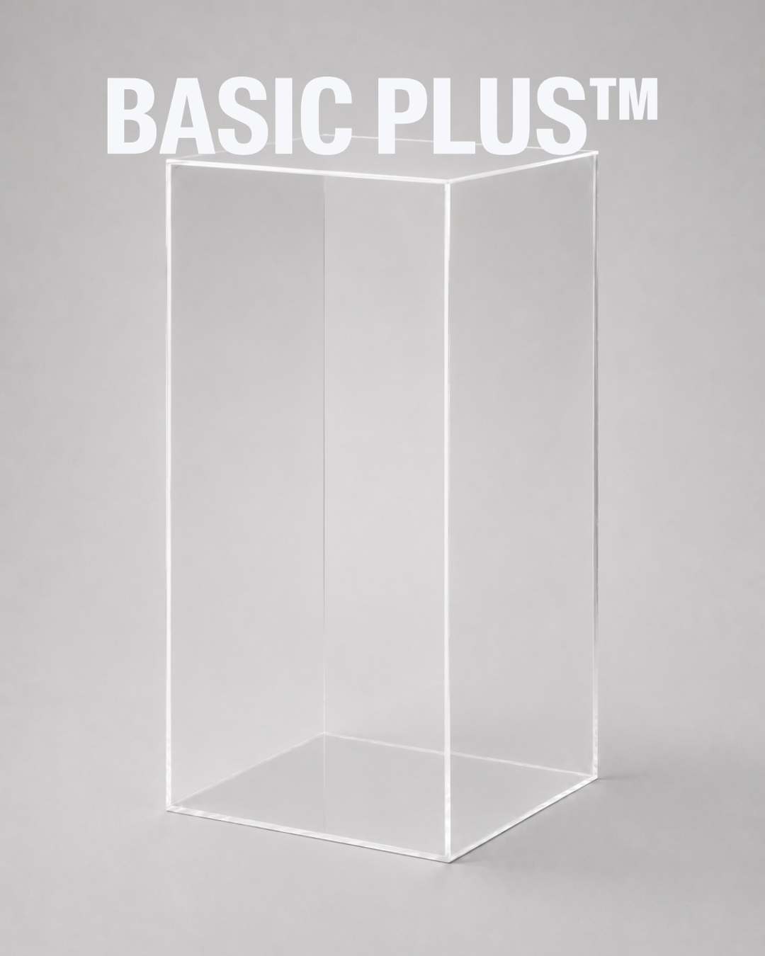 Clear acrylic display plinth shown from a side angle