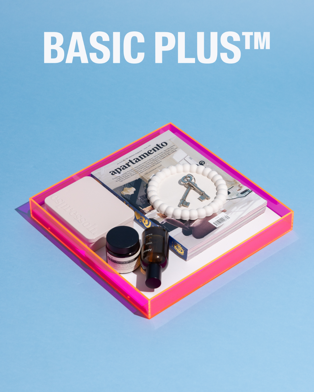 Fluorescent pink acrylic square display tray - front angle