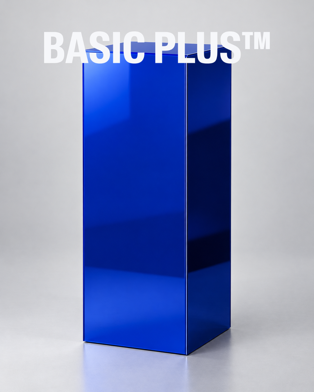 Blue Mirror Acrylic Display Plinth in a deep royal blue reflective finish on a light grey background