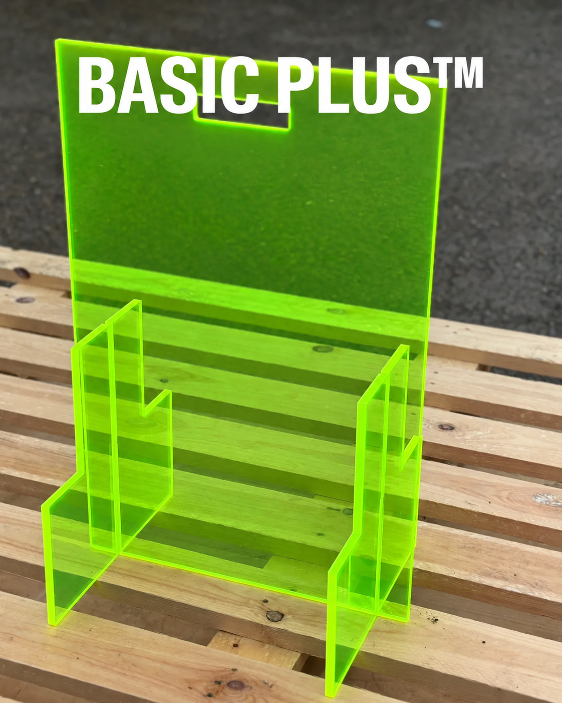 Illustrative fluorescent green colour preview of slot-together acrylic pavement sign