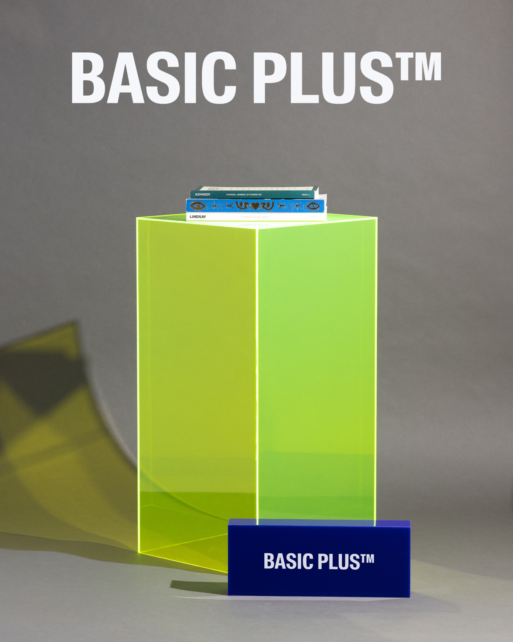 Fluorescent green acrylic display plinth alternate angle