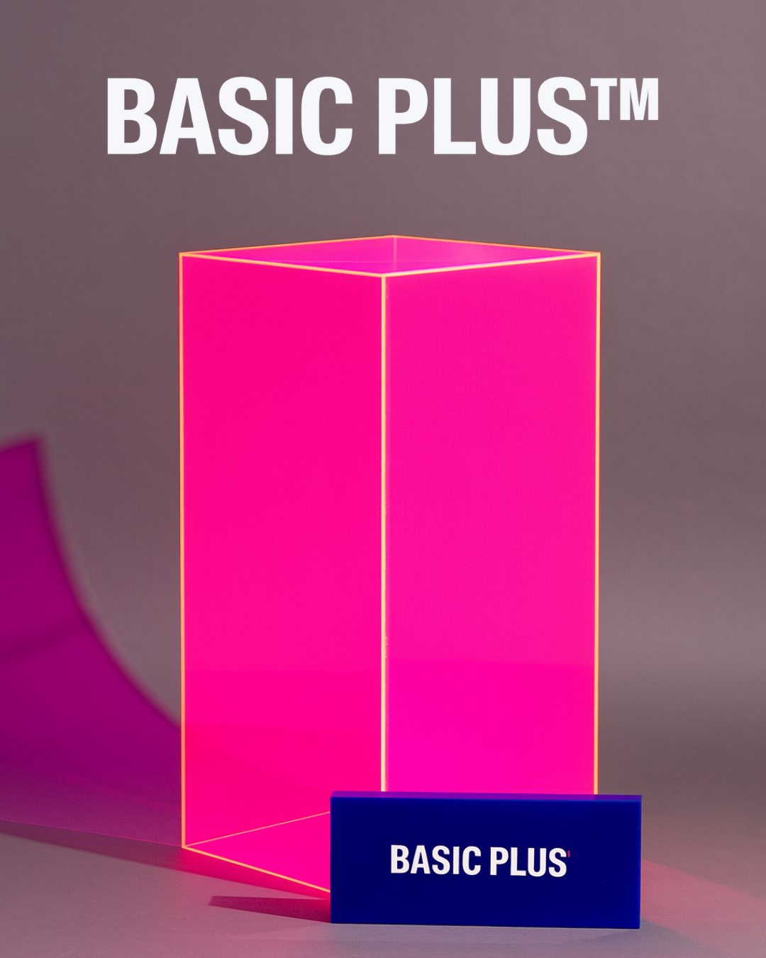 Fluorescent pink acrylic display plinth surface and edge detail