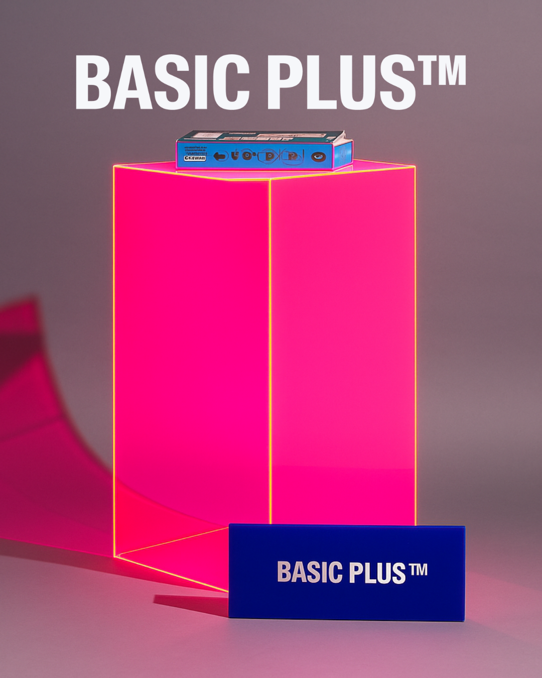 Fluorescent pink acrylic display plinth front three-quarter view