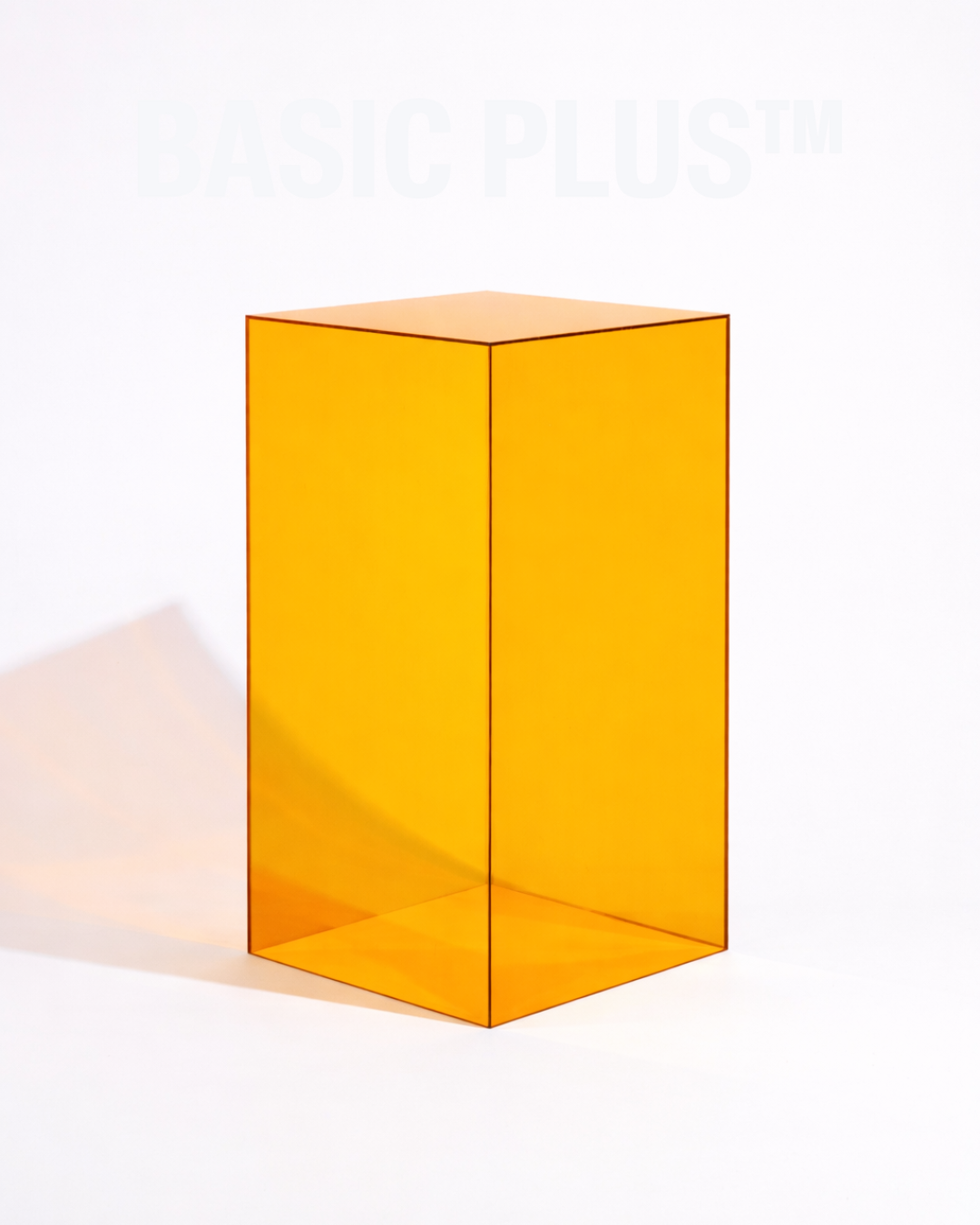Transparent amber acrylic display plinth front three-quarter view