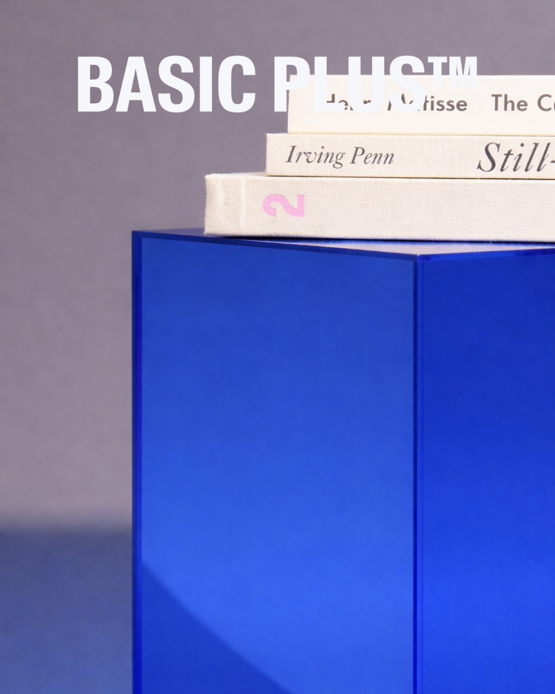 Transparent blue acrylic display plinth alternate angle