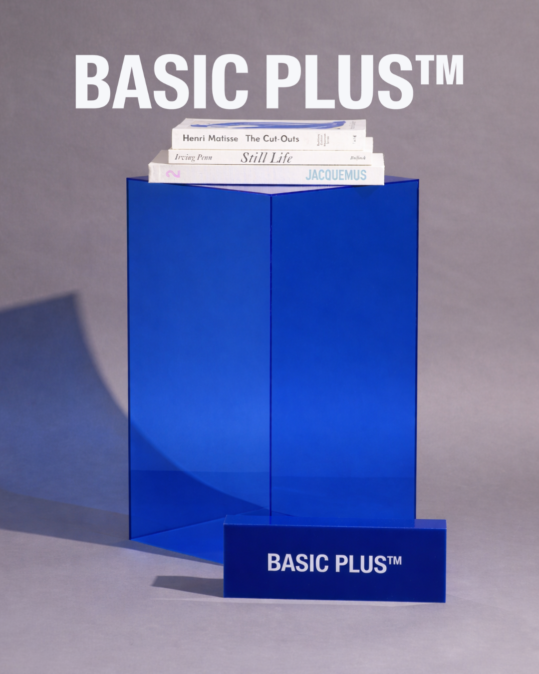 Transparent blue acrylic display plinth surface and edge detail