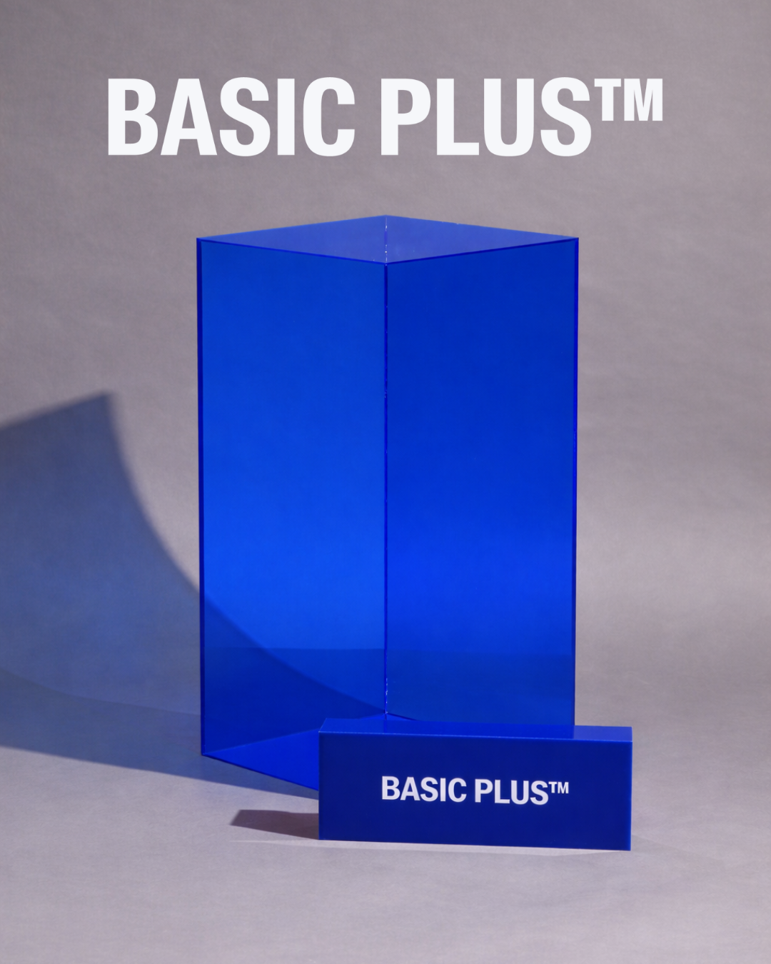 Transparent blue acrylic display plinth front three-quarter view