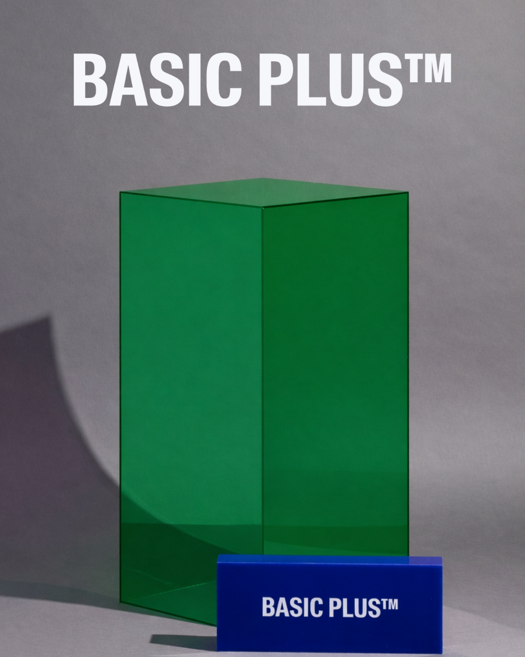 Transparent green acrylic display plinth front three-quarter view